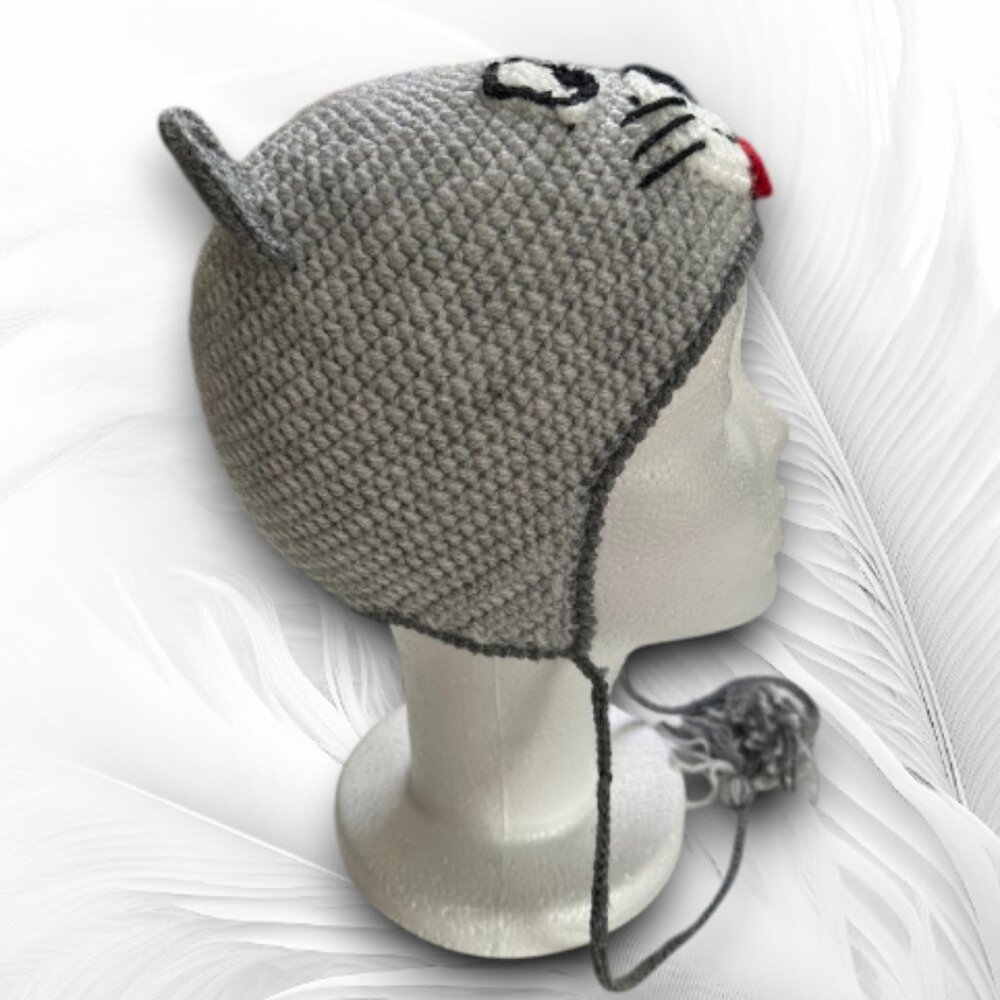 Handmade Crochet Gray Mouse Hat For Kids With Earflaps - Picture 3 of 5